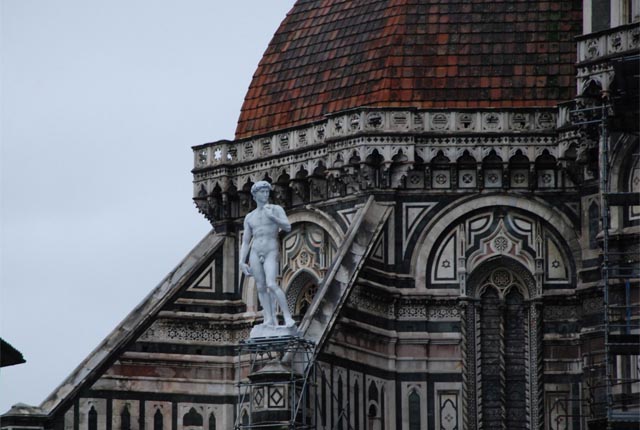 Statue of David placed on top of duomo where it was intended to be