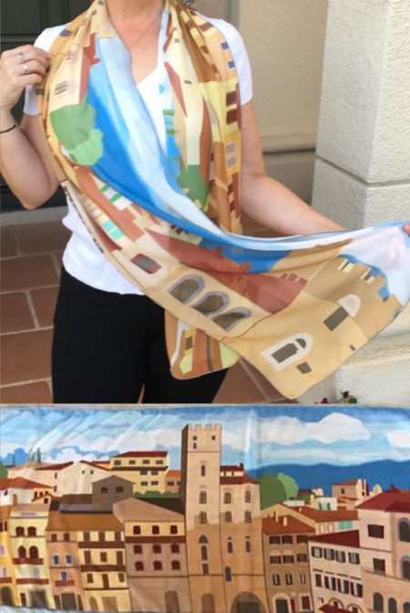 Original illustrated scarf featuring the design of the Piazza Grande in Arezzo