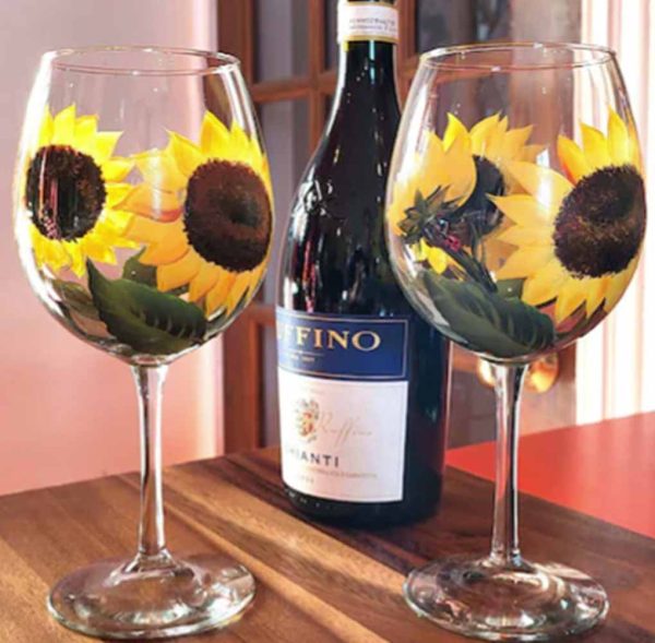Yellow Sunflower Stemmed Wine Glasses - Hand Painted, Set of 2