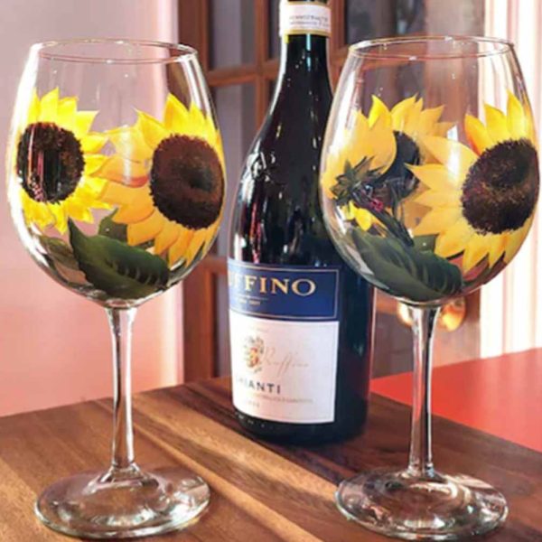 Yellow Sunflower Stemmed Wine Glasses - Hand Painted, Set of 2